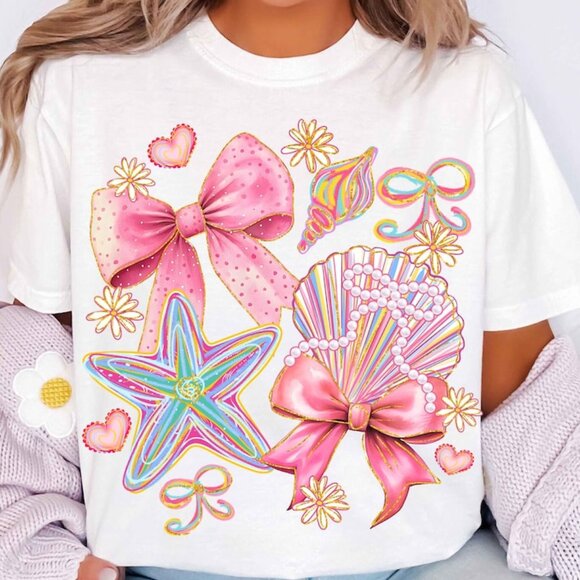 Tops - Floral Coquette Seashell Tee, Preppy Coastal Tee, Boho Summer Tee